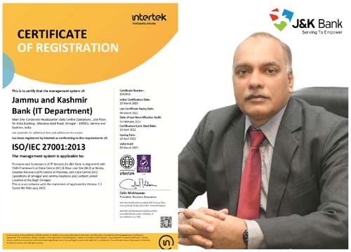 J&K Bank gets latest ISO 27001:2013 Certification with enhanced sc… J&K Bank gets latest ISO 27001:2013 Certification with enhanced sc…